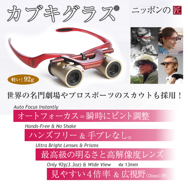 オートフォーカス & ハンズフリーの日本製高性能双眼鏡 カブキグラス　ワインレッド